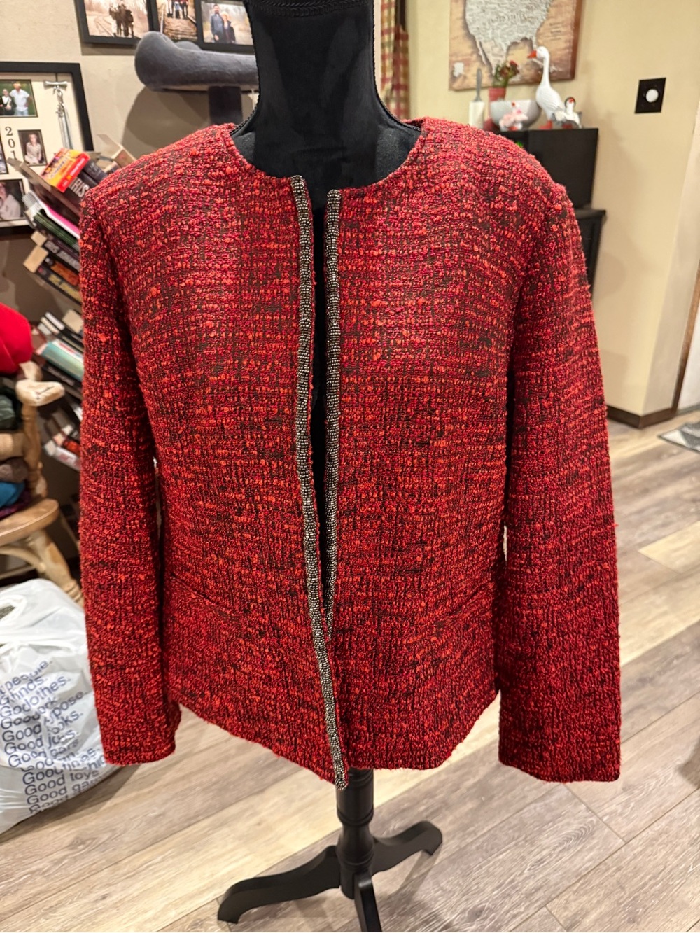 Chico's Red Bouclé Open-Front Jacket with Metallic Trim